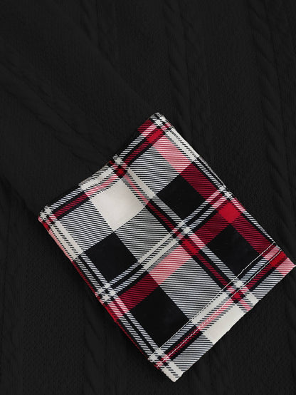 Knitted hooded dress plaid print stitching fake buckle high waist long sleeve A-line dress female