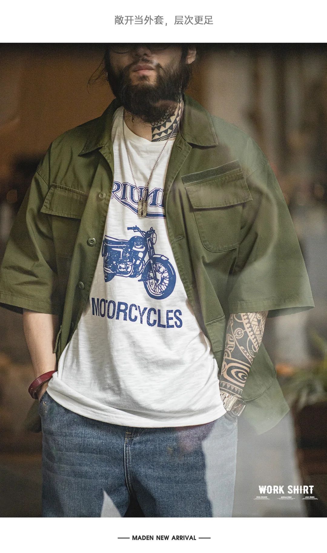 Maden Summer Vintage Four Pockets Short Sleeve Shirts for Men Cotton Green Loose Turn-down Collar Shirt Cargo Tops Male XL XXL