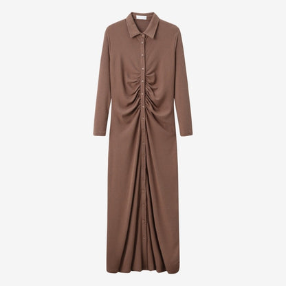 AS AW25 woman dress turn-down collar ribbing high elastic shirring maxi dress