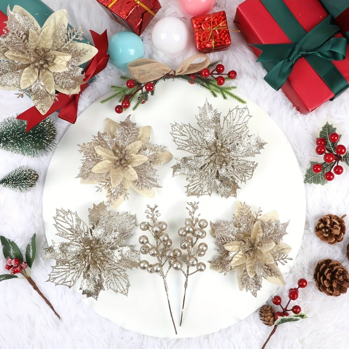 21Pcs Artificial Flowers Berry Bouquet Christmas Decoration Vase for Home Room Decor Fake Flowers Garland Ornament Accessories