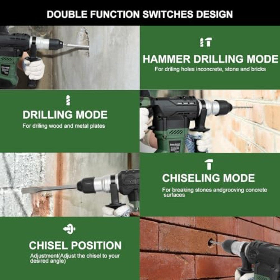 Furadeira de Impacto Rotativa SDS-Plus 1-1/4" com Motor Potente de 13 Amperes e 4 Funções para Aplicações em Concreto, Aço e Madeira