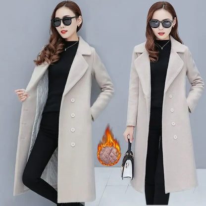 Medium-Length Women's Woolen Jacket Spring Autumn Winter Warm Simple Long Sleeve Overcoat Long Style For All Seasons