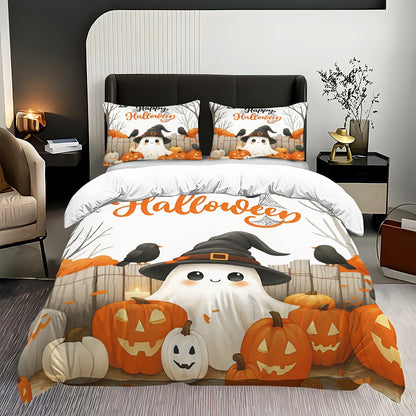 3pcs Halloween Cartoon Ghost Printed Duvet Covers, 1 Down Duvet Cover+2 Pillowcases, Coreless. Soft and Comfortable Bedding Set