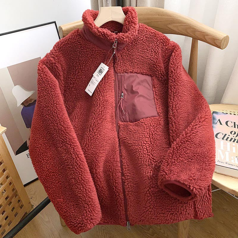 Autumn and Winter Japanese Men's and Women's Fleece Stand Neck Jacket Couple Zipper Loose Warm Lamb Wool Coat Solid Color Jacket