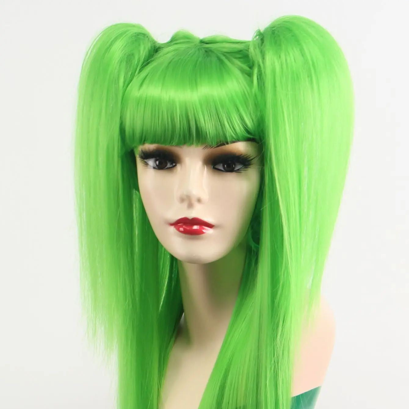 Peruca Sintética Longa Verde Flexível com Duas Maria Chiquinhas Anime Acessório de Cosplay de Natal de Alta Qualidade