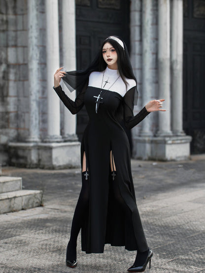 Sexy Nun Cosplay Costume Gothic Black Split Long Dress with Head Veil Halloween Carnival Party Fancy Dress for Women Nun
