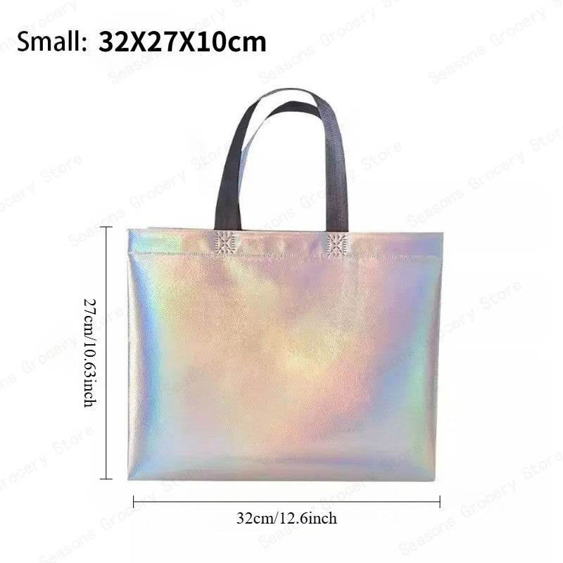 10Pcs Reusable Silver Laser Tote Bag Durable Non Woven Gift Shopping Bag for Wedding Bridesmaid Party Birthday Eco Friendly