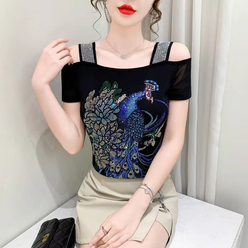 Summer New Fashion Cartoon T-shirt Chic Hollow Out Hot Diamonds Tees Sexy Off Shoulder Short Sleeve Women's Tops Blouse