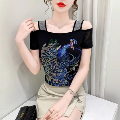Summer New Fashion Cartoon T-shirt Chic Hollow Out Hot Diamonds Tees Sexy Off Shoulder Short Sleeve Women's Tops Blouse