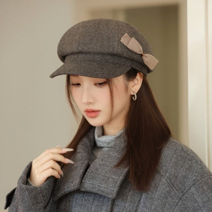 Retro Wool Bow Beret Solid Color Warm Painter Hat Versatile Y2k Newsboy Hat Female