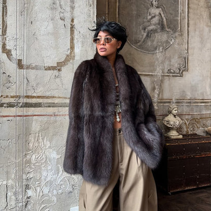 Casual Medium-length Fur Coat Women Fashion Lapel Hidden Button Loose Elegant Warm Outwear 2025 Fashion Office Commute Overcoat