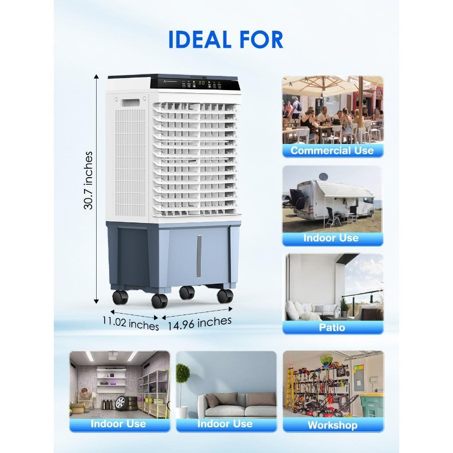 Swamp Cooler 1800 CFM Portable Evaporative Air Cooler with 6 Ice Box 5.3 Gal Water Tank 110 Swing 3 Speeds Upgraded Remote 12H