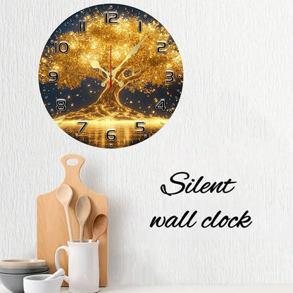 Golden Life Tree Wooden Round Silent Hanging Wall Clock, Suitable For Living Room, Office, Study Room, Bedroom, Home Decoration