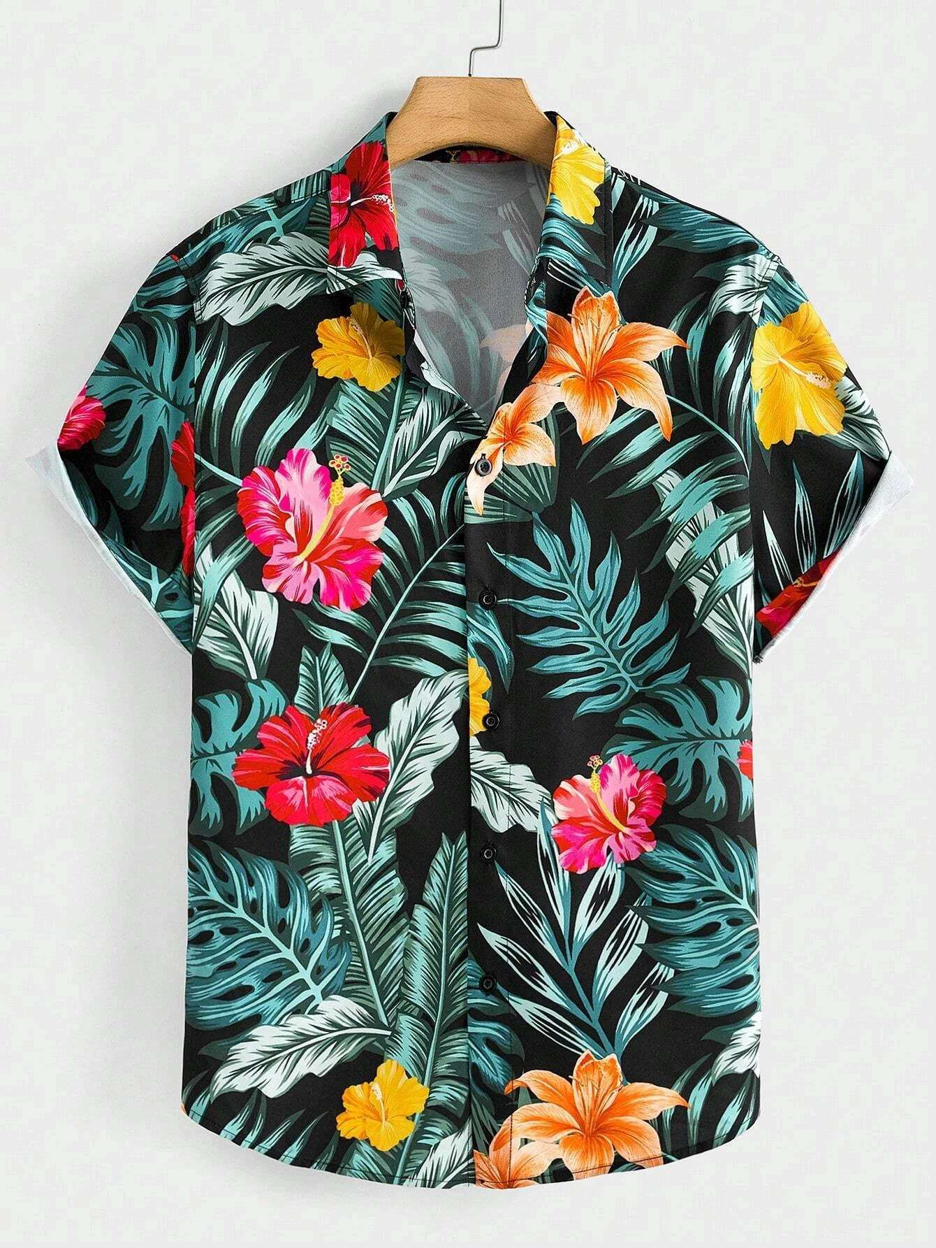 Hawaiian Botanical Flower Print Men's and Women's Short Sleeve Lapel Seaside Button-Down Shirt Top Casual Fashionable Shirts