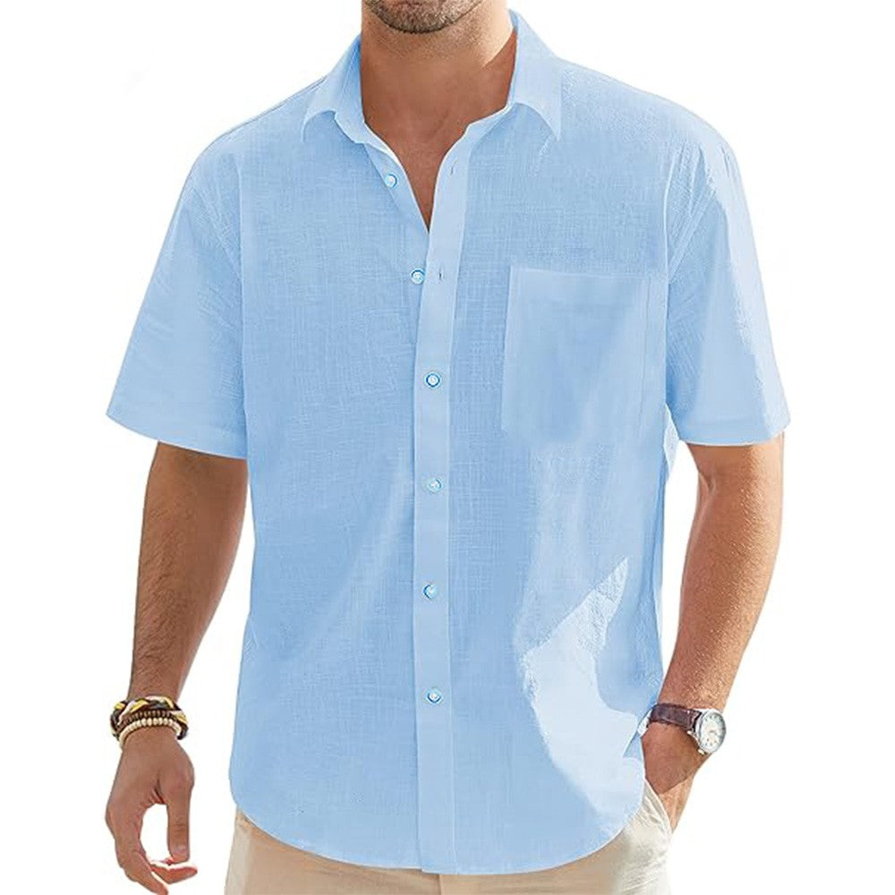 Men's Cotton Linen Short Sleeve Shirts Casual Lightweight Button Shirts Vacation Beach Summer Tops with Pocket