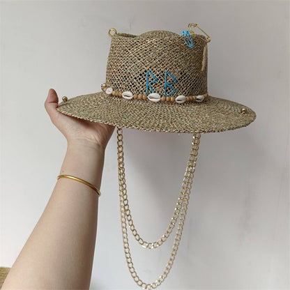 Chapéu de Palha Corrente Punk 2023 Novo Chapéu de Sol Acessórios Corrente Dourada Jazz Hip Hop Chapéu de Verão Estilo Punk Chapéu de Praia Chapéu de Igreja