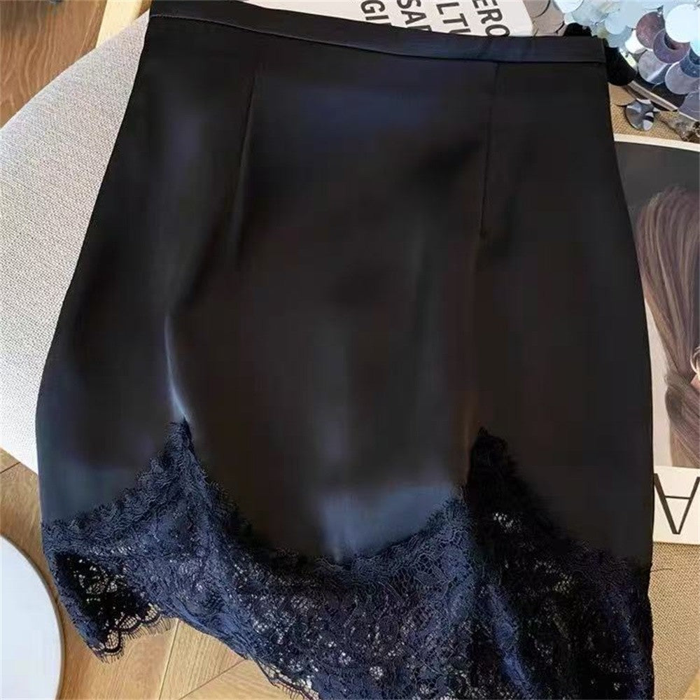Ladies Fashion Lace Spliced A-line Mini Skirt Summer Thin High Waist Solid Color Skirt Women Clothes Simple Black Short Skirts