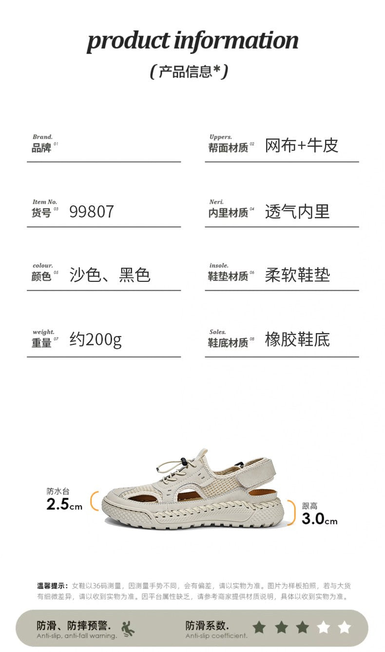 Sandals men's tide summer new style leather toe cap outdoor leisure sports hollow sandals beach shoes Handmade mesh men shoes