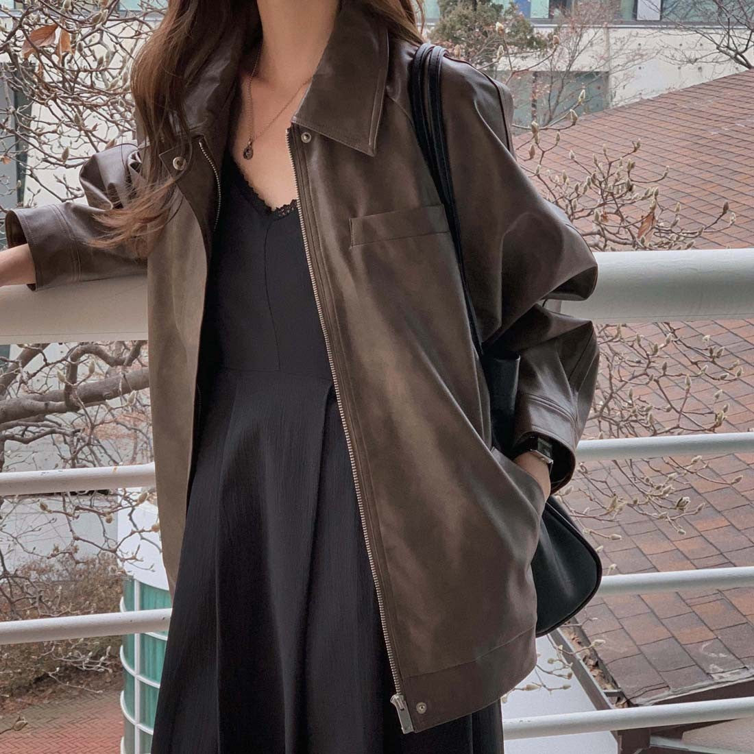 Sli Loose PU Leather Jaet Women's Chic Retro Collar Versatile BF Sle Motorcycle Clothes Trendy Long Sve Zipper