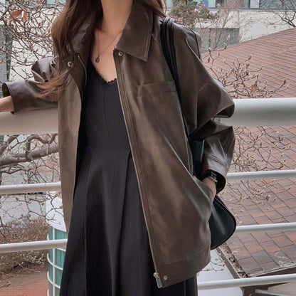 Sli Loose PU Leather Jaet Women's Chic Retro Collar Versatile BF Sle Motorcycle Clothes Trendy Long Sve Zipper