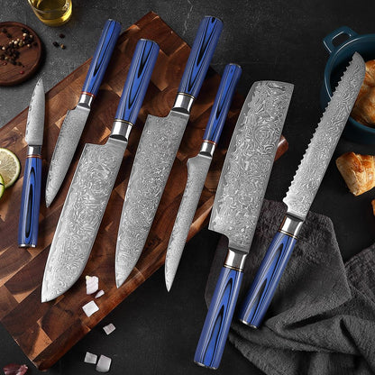Conjunto de Facas de Cozinha 1-7 Peças, Aço Damasco Ultra Afiado para Chefe, Pão, Santoku, Desossar, Utilitárias, Lâmina com Padrão de Rosa Cabo G10 Azul