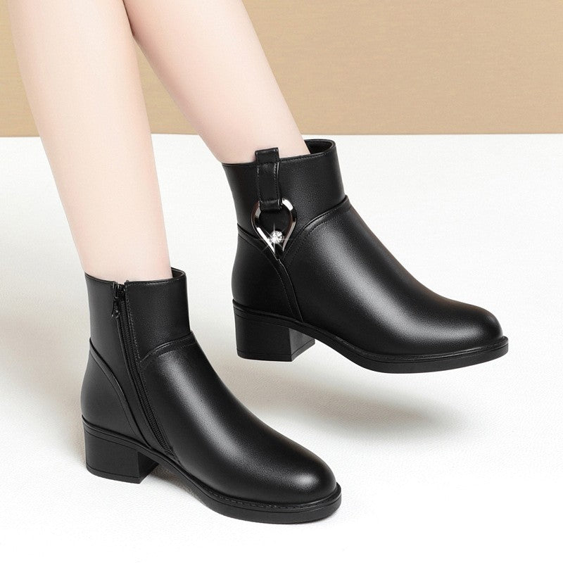 Women's Winter Waterproof Fashion Soft Leather Ankle Boots Mom Thick Plush Warm Cotton Shoes Thick Heel Platform Boots