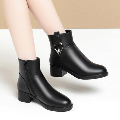 Women's Winter Waterproof Fashion Soft Leather Ankle Boots Mom Thick Plush Warm Cotton Shoes Thick Heel Platform Boots