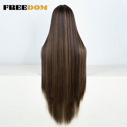 Peruca frontal de renda sintética FREEDOM para mulheres, 38 polegadas, longa, lisa, ombré, marrom, vermelho, gengibre, destaque, perucas frontais de renda, peruca de cosplay