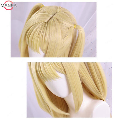 Peruca MisaMisa Cosplay Misa Amane Longa Loira Dupla Rabo de Cavalo Cabelo Sintético Resistente ao Calor Perucas + Touca de Peruca