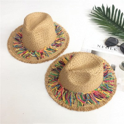 2024 Chapéu de Palha Decorado com Fita de Borla Colorida, Chapéu de Sol com Proteção, Chapéu de Praia Feminino Moderno, Boné Jazz de Verão para Mulher