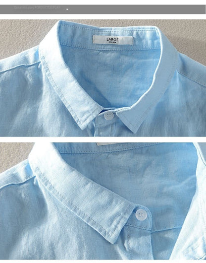 100% Linen Short Sleeve Shirt Men Cotton Linen Clothing Top Casual Summer Half Sleeve Shirt Loose Style Square Collar