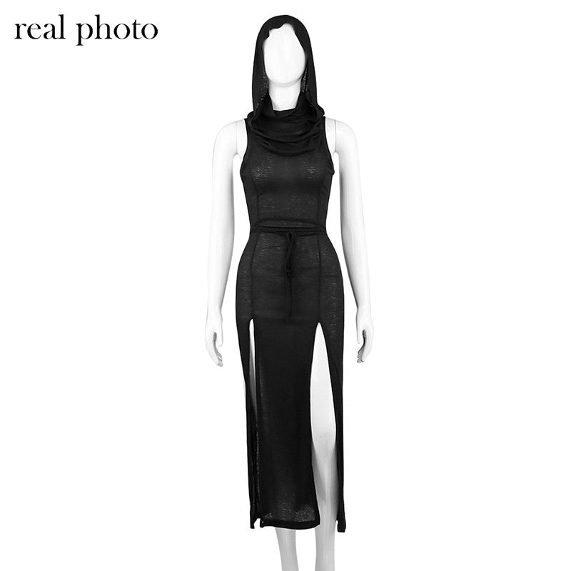 Goth Dark Cyber Gothic Desert Walker Hooded Dresses Y2k Punk Grunge Hollow Out M