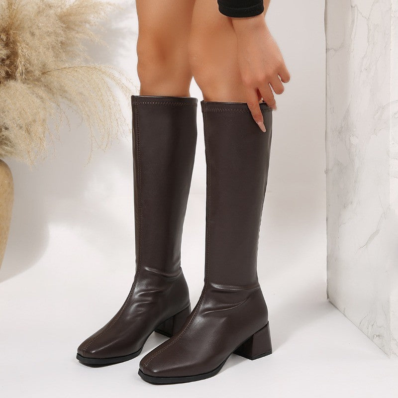 Winter Women Knee High Boots Cosy Soft Leather Thick Heel Shoes Female Vintage Slim Long Booties Zapatos De Muje
