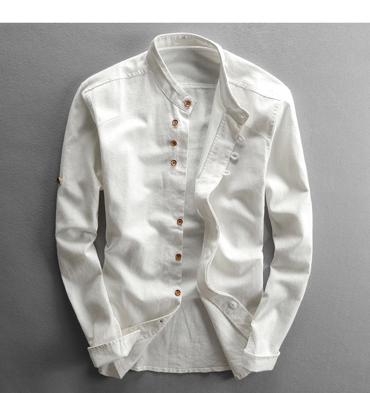Japan Style Mens Linen Cotton Shirt Harajuku Stand Collar Long Sleeve Slim Fit Solid Color Male Casual Breathable Classical Tops