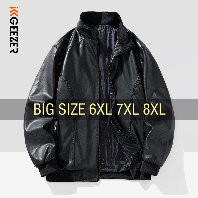 Leather Jacket Men Coats Windproof Oversized 6XL 7XL 8XL Plus Size Autumn Motorcycle Travel Fleece Black Zipper Winter Overcoat