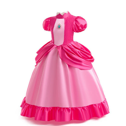 New 2026 Movie Inspired Lolita Princess Dress Super Plumber Bros's Friend Peach Costume Girls Pink Lace Frock Role Play Apparel