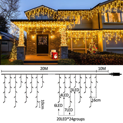 LED Christmas Icicle Curtain String Lights 20M+10M 480LED Extens 8Modes, Plug in Waterproof for Wedding Party Home Garden