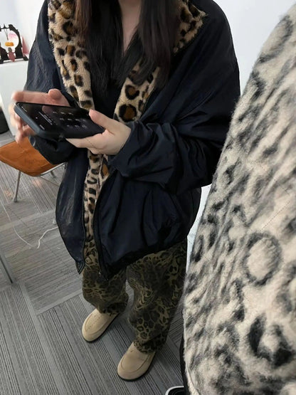 American Retro Harajuku Leopard Print Reversible Zipper Jacket Women Streetwear Trendy Casual Autumn and Winter Warm Plush Coat