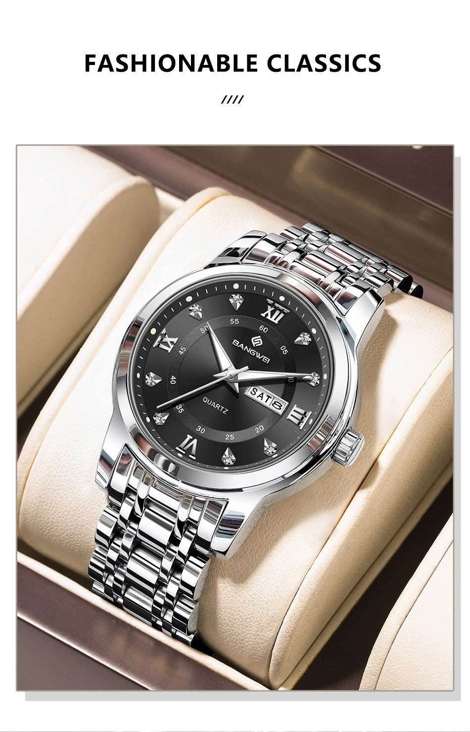 LIGE Brand BANGWEI Quartz Man Watch Fashion Stainless Steel Band Business Luxury Diamond Waterproof Calendar Watches for Men+Box