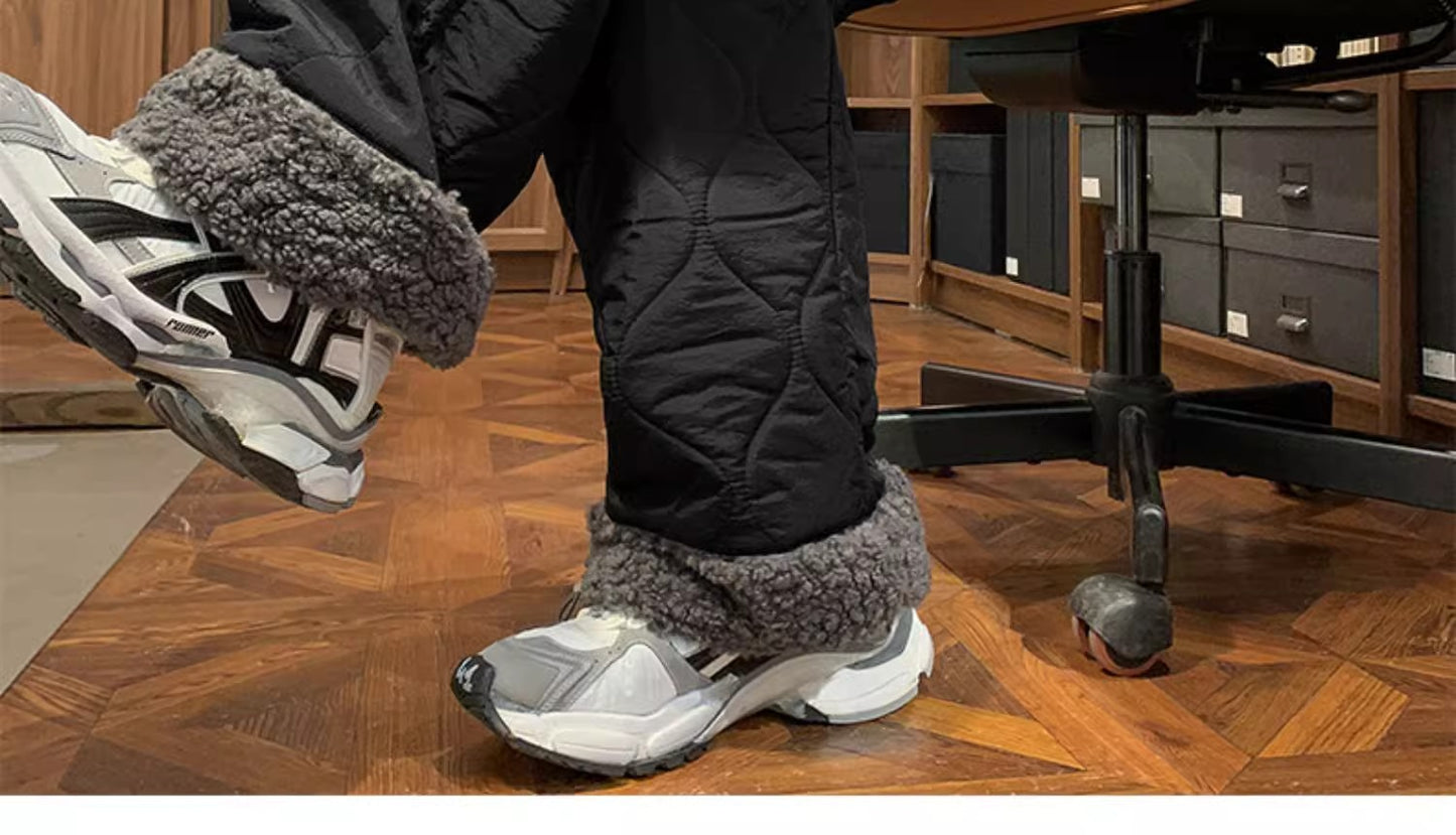 Heavy Winter Cotton Waterproof Splicing Lamb Fleece Cotton Pants for Men and Women, Solid Color Diamond Grid Embroidered Clip Co