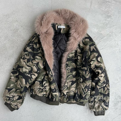American Retro Camouflage Rose Fleece Lined Hooded Jacket Men and Women Y2K Zipper Warm Jacket Military Green Casual Winter Top