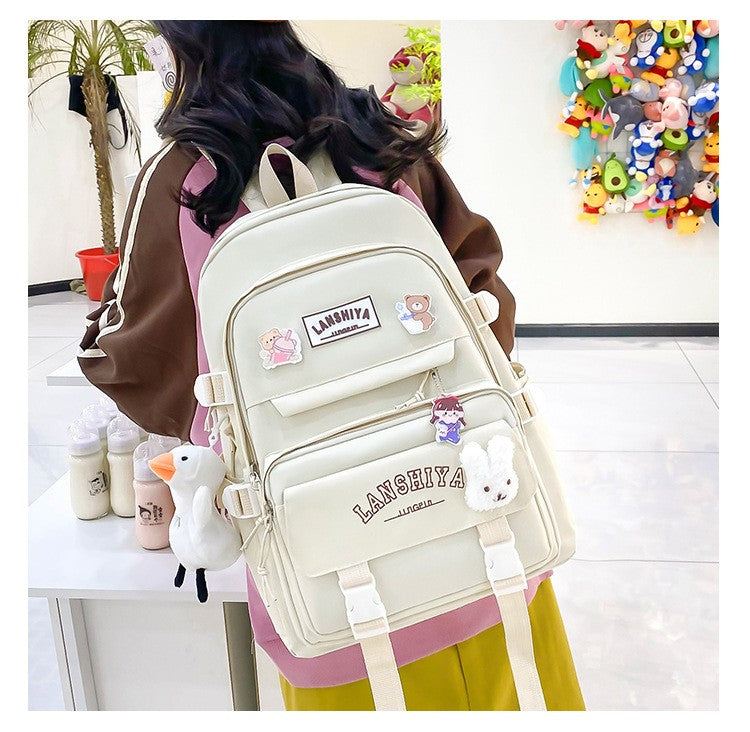 5-piece Set of Free Pendants Forest Style Korean Version Casual Harajuku Student Backpack for High School Girls Large Capacity