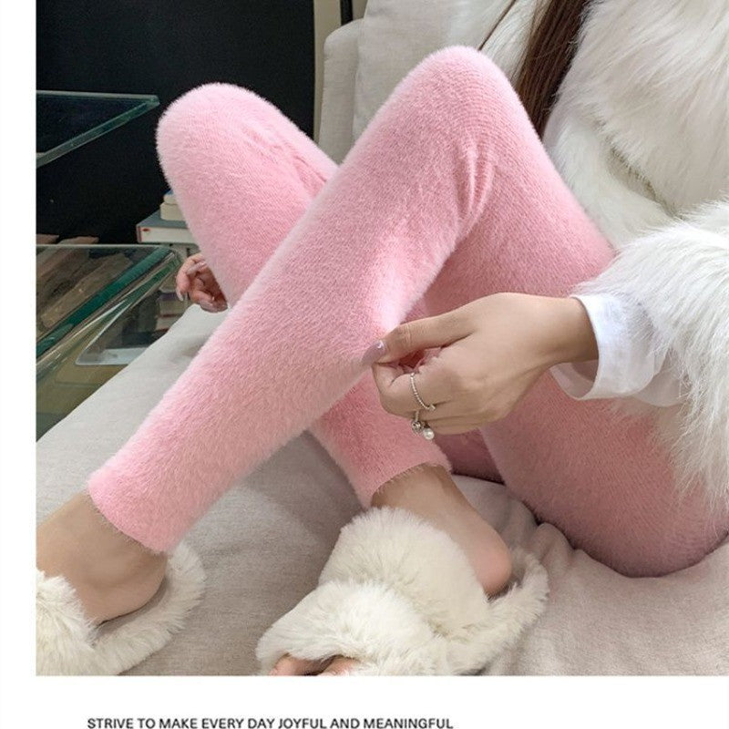 Pink Mink Velvet Pants Women High Waist Elasticity Plush Casual Thermal Leggings Tight Knitted Straight Wear Outside Trousers