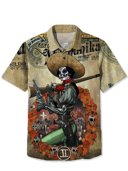 Men's Shirt Summer Casual Fashion Short Sleeve 3D Printed Denim Skull Gun Print Men's Hawaiian Lapel Single Breasted Shirt