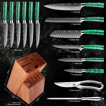 Conjunto de Facas de Cozinha, Conjunto de 15 Facas com Bloco de Madeira, Faca com Padrão Damasco a Laser em Aço de Alto Carbono Japonês com Facas de Bife
