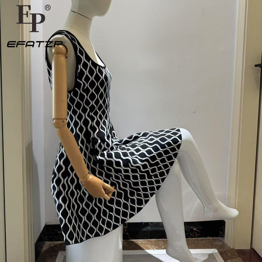 Women's Blue or Black Geometric Jacquard Sleeveless Dress Autumn New Sweet Ladie