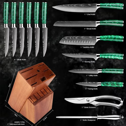 Conjunto de Facas de Cozinha, Conjunto de 15 Facas com Bloco de Madeira, Faca com Padrão Damasco a Laser em Aço de Alto Carbono Japonês com Facas de Bife