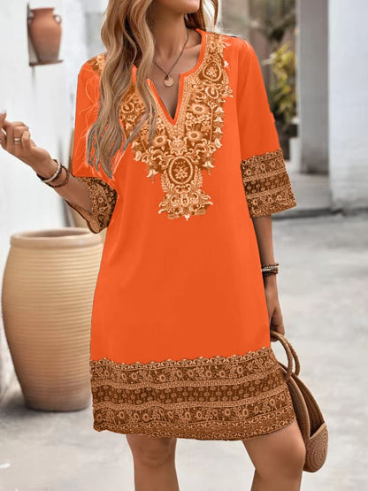 Women's Clothes Casual print Short Sleeve V-Neck Waist Cinched Dress summer vintage New Female Fashion Loose Mini Dresses 2025