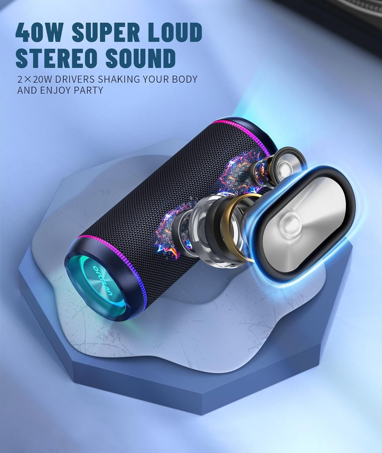 Ortizan X30 Caixa de Som Bluetooth Portátil Bluetooth 5.3 Caixa de Som Sem Fio com Som Estéreo Alto HD de 40W e Luzes RGB Coloridas AUX