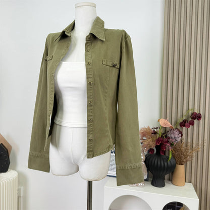 Vintage Distressed Denim Shirt Women's Top Shoulder Flip Collar Long Sleeve V-neck Coat Autumn Initial Old Money Style